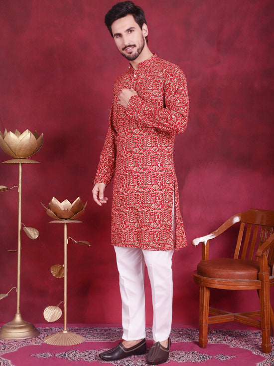 Men's Digital Printed Kurta with Pyjama.-JOKP-5014Red