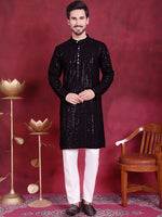 Men's Sequins Chikankari Embroidered Kurta with Pyjama.-JOKP-5015Black