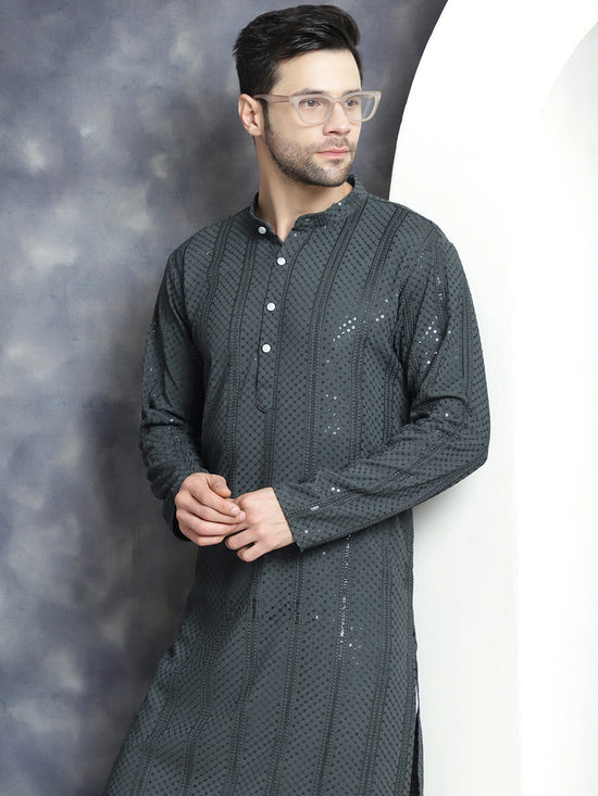 Men's Sequins Chikankari Embroidered Kurta with Pyjama.-JOKP-P-5015Grey