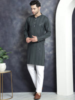 Men's Sequins Chikankari Embroidered Kurta with Pyjama.-JOKP-P-5015Grey