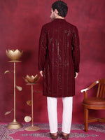 Men's Sequins Chikankari Embroidered Kurta with Pyjama.-JOKP-5015Maroon