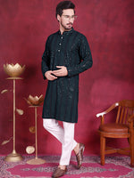 Men's Sequins Chikankari Embroidered Kurta with Pyjama.-JOKP-5015Olive