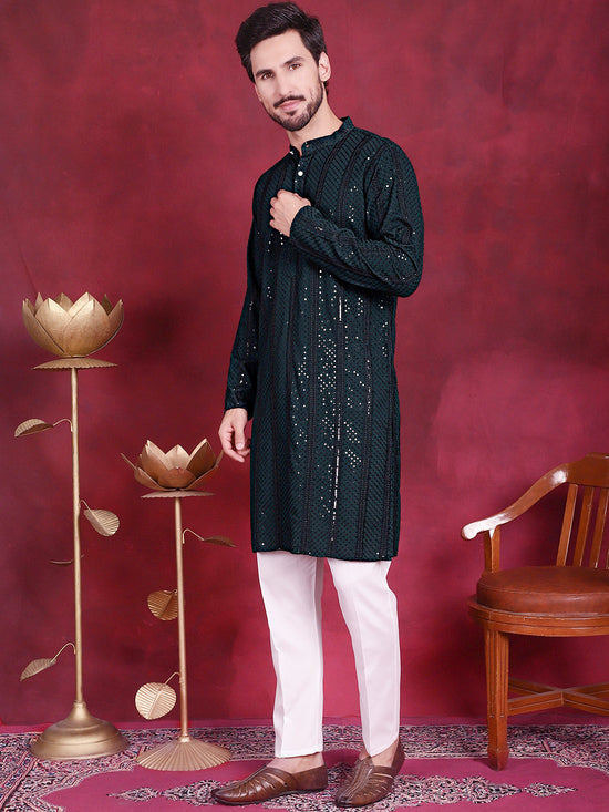 Men's Sequins Chikankari Embroidered Kurta with Pyjama.-JOKP-5015Olive