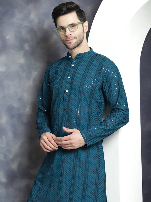 Men's Sequins Chikankari Embroidered Kurta with Pyjama.-JOKP-P-5015Peacock