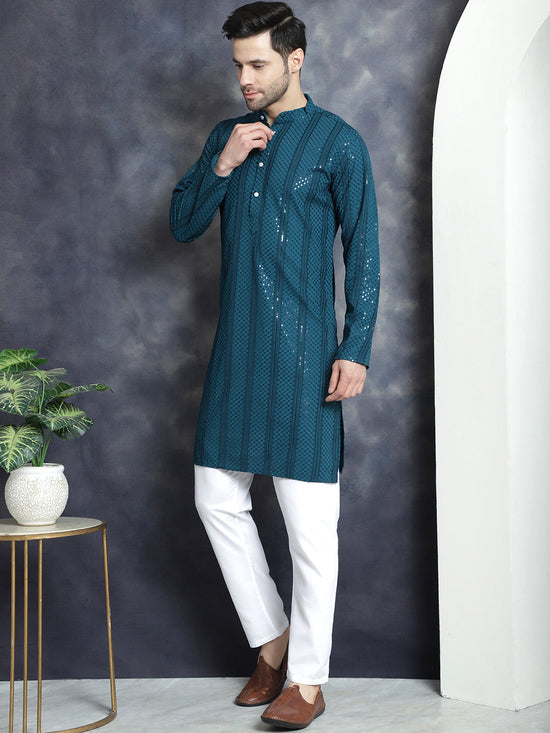 Men's Sequins Chikankari Embroidered Kurta with Pyjama.-JOKP-P-5015Peacock