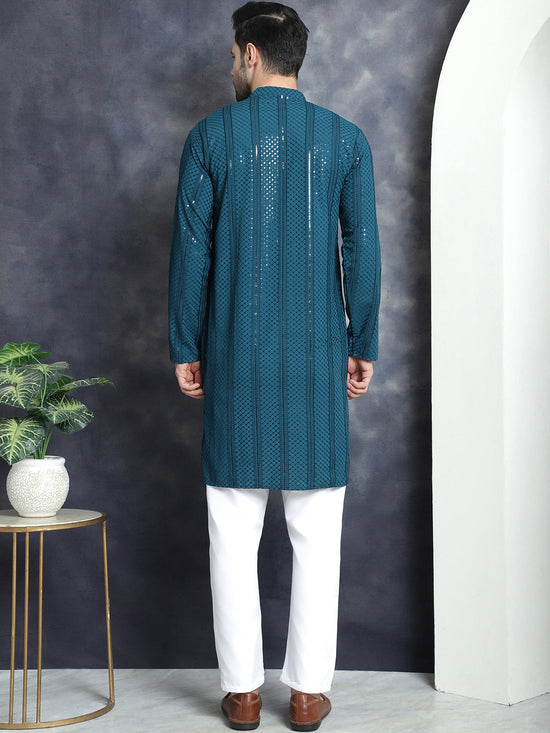 Men's Sequins Chikankari Embroidered Kurta with Pyjama.-JOKP-P-5015Peacock