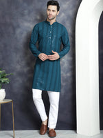 Men's Sequins Chikankari Embroidered Kurta with Pyjama.-JOKP-P-5015Peacock