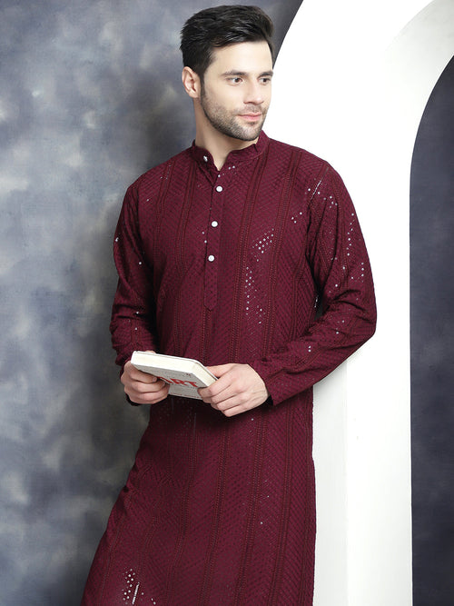 Men's Sequins Chikankari Embroidered Kurta with Pyjama.-JOKP-P-5015Purple