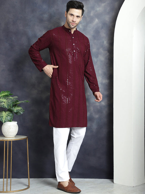 Men's Sequins Chikankari Embroidered Kurta with Pyjama.-JOKP-P-5015Purple