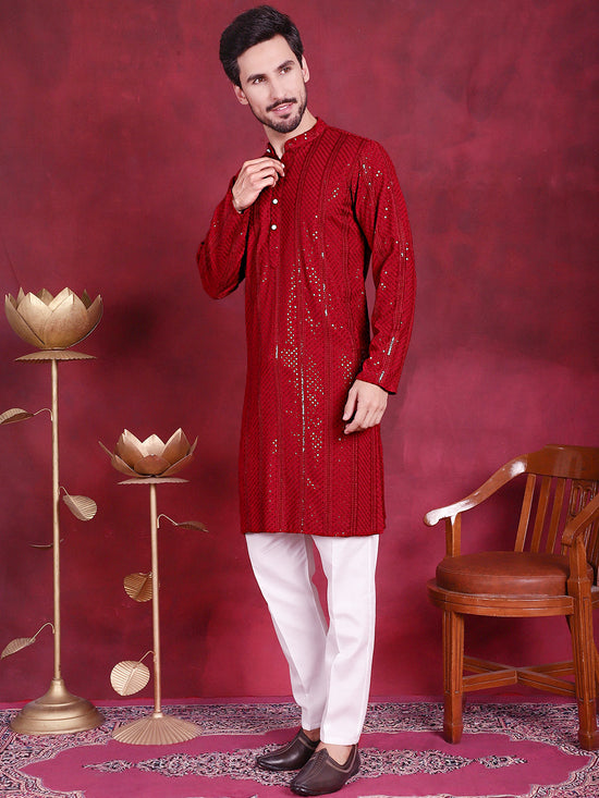 Men's Sequins Chikankari Embroidered Kurta with Pyjama.-JOKP-5015Red