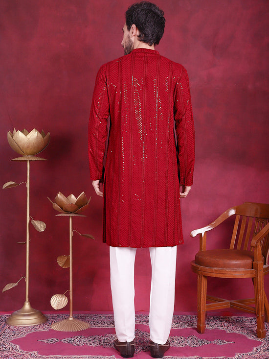 Men's Sequins Chikankari Embroidered Kurta with Pyjama.-JOKP-5015Red