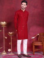 Men's Sequins Chikankari Embroidered Kurta with Pyjama.-JOKP-5015Red