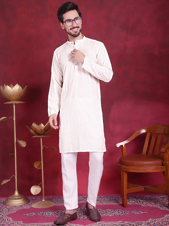 Men's Sequins Chikankari Embroidered Kurta with Pyjama.-JOKP-5015White