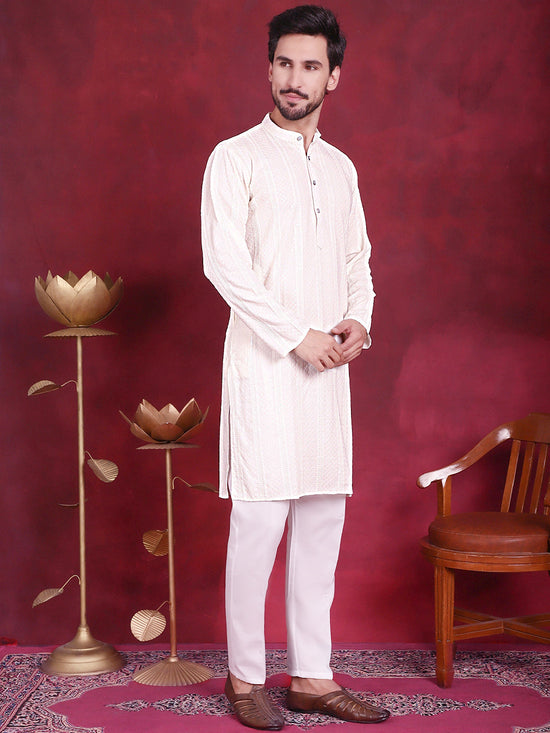 Men's Sequins Chikankari Embroidered Kurta with Pyjama.-JOKP-5015White