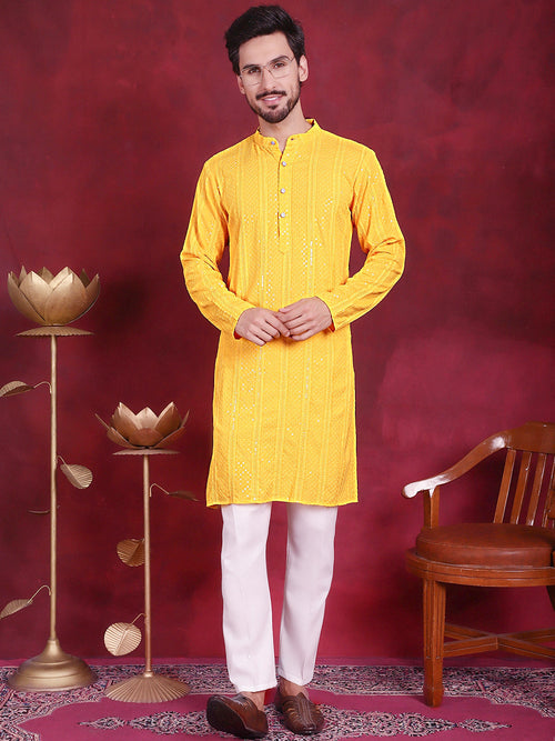 Men's Sequins Chikankari Embroidered Kurta with Pyjama.-JOKP-5015Yellow