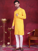 Men's Sequins Chikankari Embroidered Kurta with Pyjama.-JOKP-5015Yellow