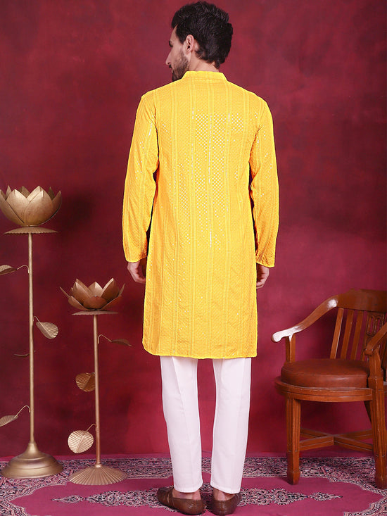 Men's Sequins Chikankari Embroidered Kurta with Pyjama.-JOKP-5015Yellow