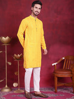 Men's Sequins Chikankari Embroidered Kurta with Pyjama.-JOKP-5015Yellow