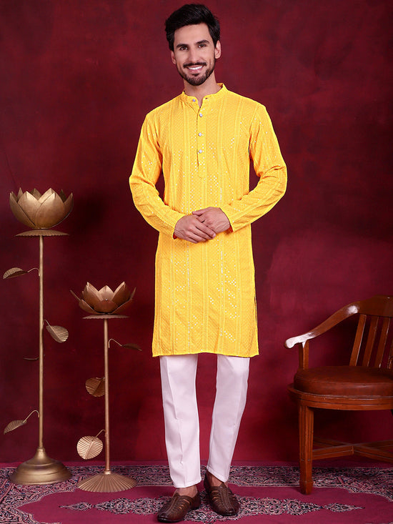 Men's Sequins Chikankari Embroidered Kurta with Pyjama.-JOKP-5015Yellow