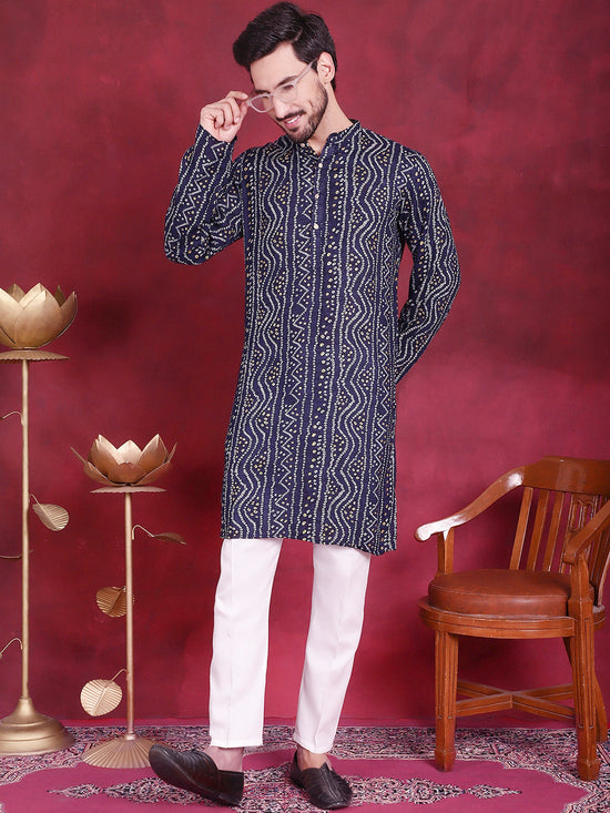 Men's Bandhani Printed Kurta with Pyjama.-JOKP-5016Navy