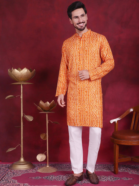 Men's Bandhani Printed Kurta with Pyjama.-JOKP-5016Orange