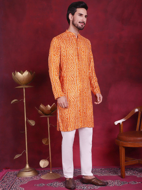 Men's Bandhani Printed Kurta with Pyjama.-JOKP-5016Orange