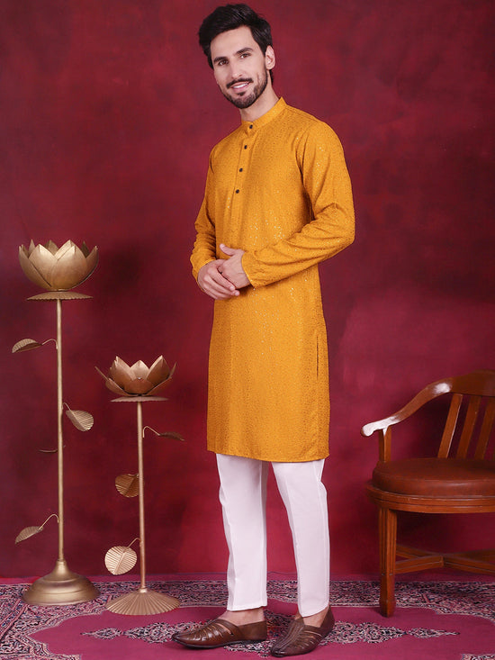 Sequins Chikankari Kurta with Pyjama.-JOKP-5018Mustard