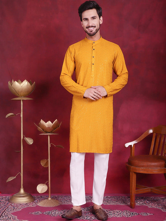 Sequins Chikankari Kurta with Pyjama.-JOKP-5018Mustard