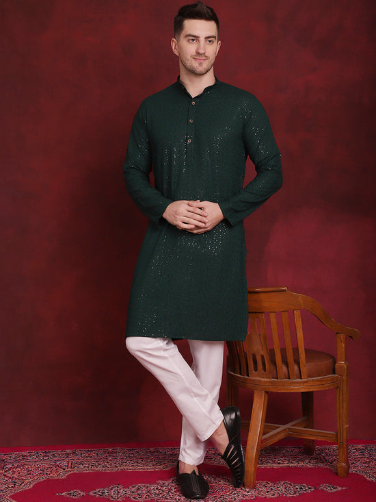 Sequins Chikankari Kurta with Pyjama.-JOKP-P-5018Olive