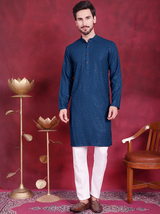 Sequins Chikankari Kurta with Pyjama.-JOKP-5018Peacock