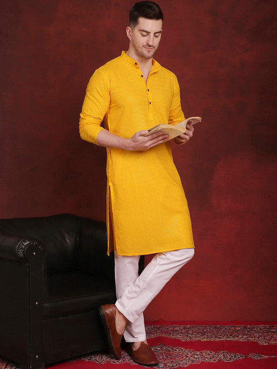 Sequins Chikankari Kurta with Pyjama.-JOKP-P-5018Yellow