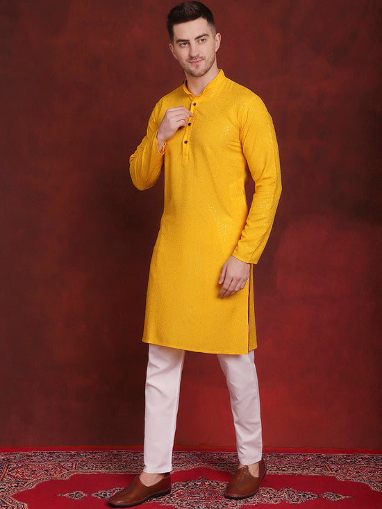 Sequins Chikankari Kurta with Pyjama.-JOKP-P-5018Yellow