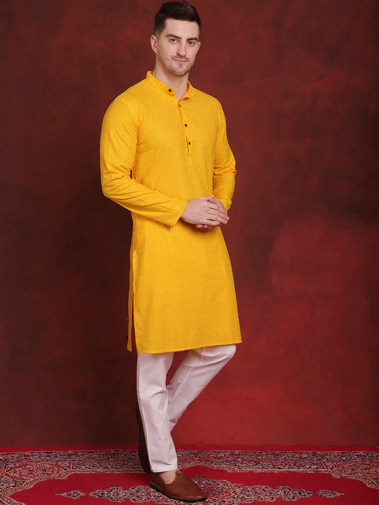 Sequins Chikankari Kurta with Pyjama.-JOKP-P-5018Yellow