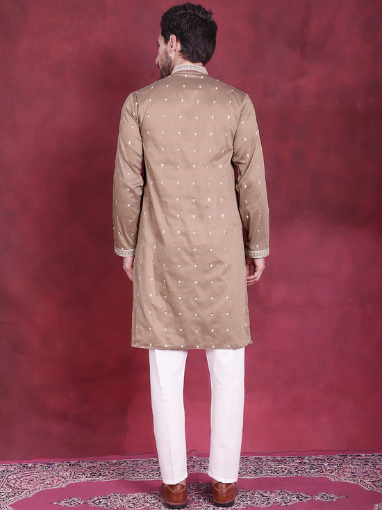 Men's Sequins Embroidered Kurta Pyjama Set.-JOKP-5019Beige