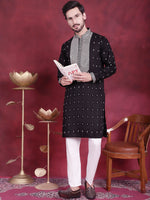 Men's Sequins Embroidered Kurta Pyjama Set.-JOKP-5019Black