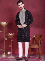 Men's Sequins Embroidered Kurta Pyjama Set.-JOKP-5019Black