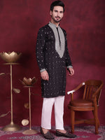 Men's Sequins Embroidered Kurta Pyjama Set.-JOKP-5019Black