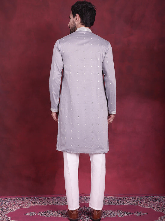 Men's Sequins Embroidered Kurta Pyjama Set.-JOKP-5019Grey