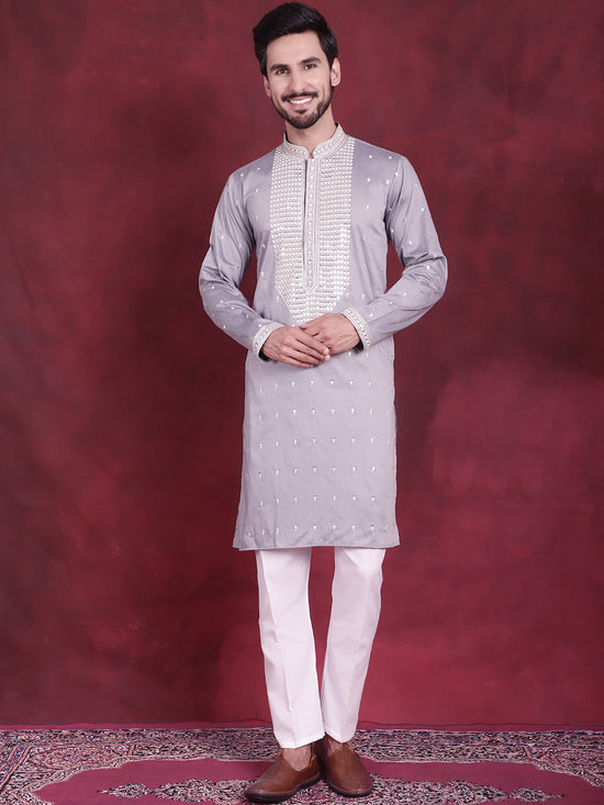 Men's Sequins Embroidered Kurta Pyjama Set.-JOKP-5019Grey