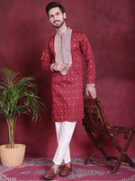 Men's Sequins Embroidered Kurta Pyjama Set.-JOKP-5019Maroon