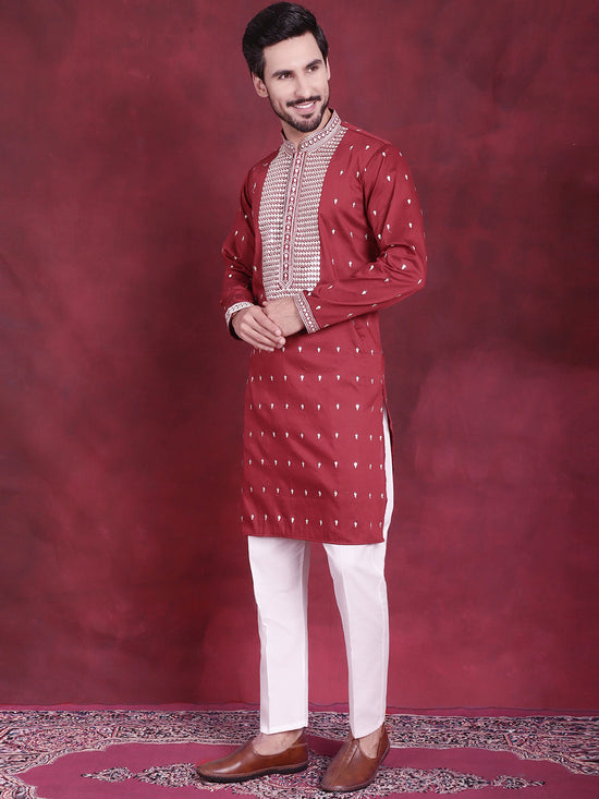 Men's Sequins Embroidered Kurta Pyjama Set.-JOKP-5019Maroon