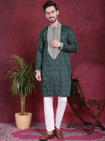 Men's Sequins Embroidered Kurta Pyjama Set.-JOKP-5019Olive