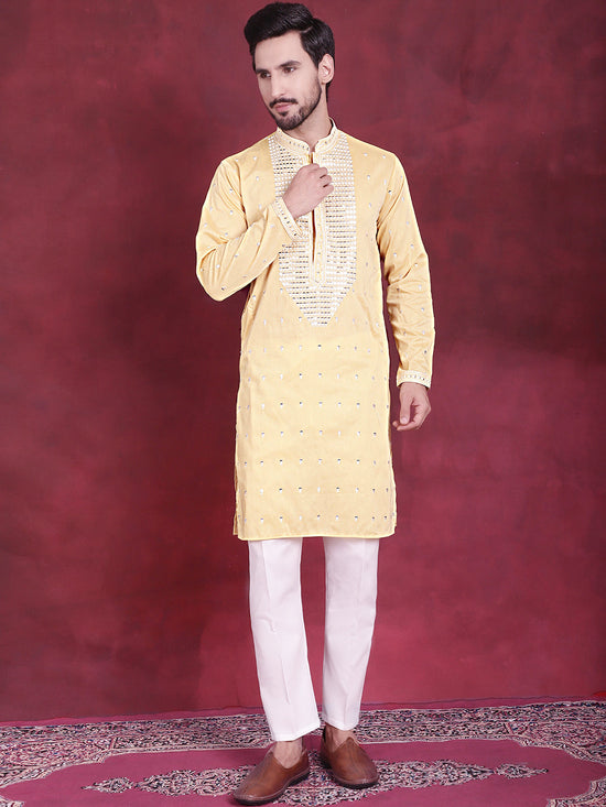 Men's Sequins Embroidered Kurta Pyjama Set.-JOKP-5019Yellow