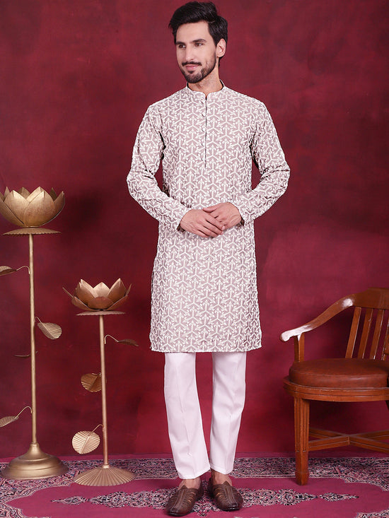 Men's Chikankari Embroidered Kurta Pyjama Set.-JOKP-5020Grey