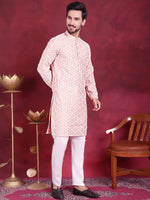 Men's Chikankari Embroidered Kurta Pyjama Set.-JOKP-5020Pink