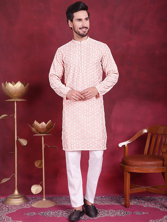 Men's Chikankari Embroidered Kurta Pyjama Set.-JOKP-5020Pink