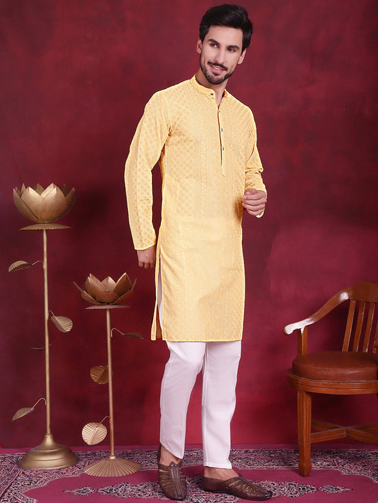 Men's Chikankari Embroidered Kurta Pyjama Set.-JOKP-5021Beige