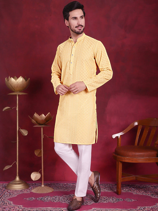 Men's Chikankari Embroidered Kurta Pyjama Set.-JOKP-5021Beige