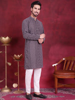 Men's Chikankari Embroidered Kurta Pyjama Set.-JOKP-5021Grey