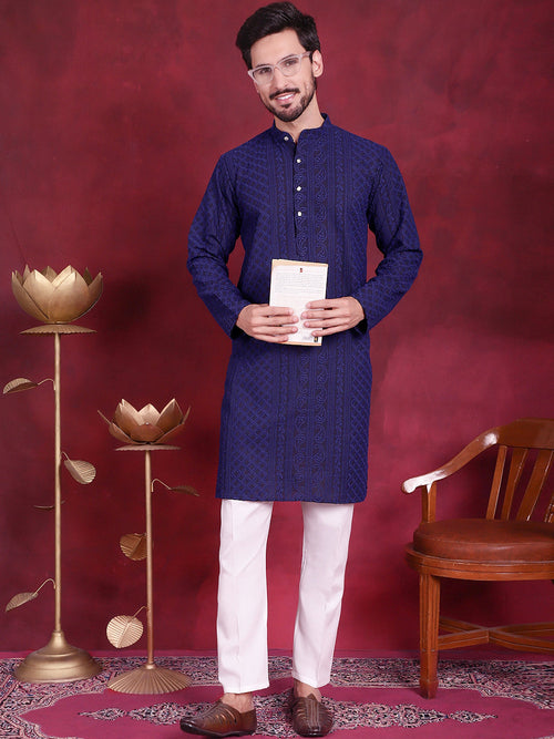 Men's Chikankari Embroidered Kurta Pyjama Set.-JOKP-5021Navy